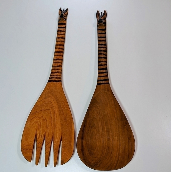 Wooden Zebra Salad Utensils Tongs Set - Picture 1 of 5
